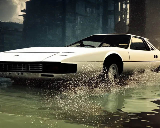 Image similar to white lotus esprit submerged under water, cinematic, photoreal, by red dead redemption 2