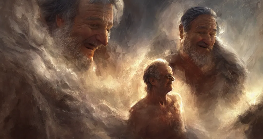 Image similar to robin williams as god, heavem, portrait, intricate, detailed, volumetric lighting, scenery, digital painting, highly detailed, artstation, sharp focus, illustration, concept art, ruan jia, steve mccurry