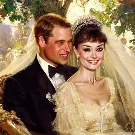 Image similar to detailed painting of young prince william marrying attractive audrey hepburn, highly detailed painting by gaston bussiere, craig mullins, j. c. leyendecker 8 k, smiling couple, royal painting, human face