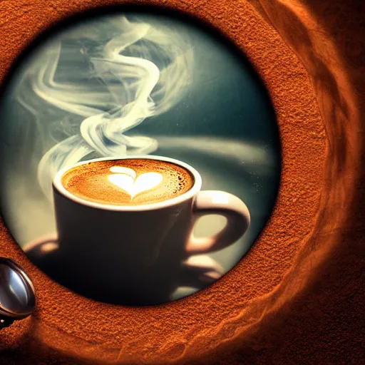 Prompt: a beautiful detailed 3 d matte portal in a cup of coffee on a desk, ominous, magical realism, texture, intricate, whirling smoke radiant colors, fantasy, volumetric lighting, high details