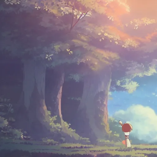 Image similar to friendly guy and small creature , with Fragile looking character portrait face made in Studio Ghibli artstyle ,highly detailed art, beautiful scene, sharp focus, smooth, 8k, anime art, fantasy, style in ghibli anime style, fantasy, island, forest with animals 8k