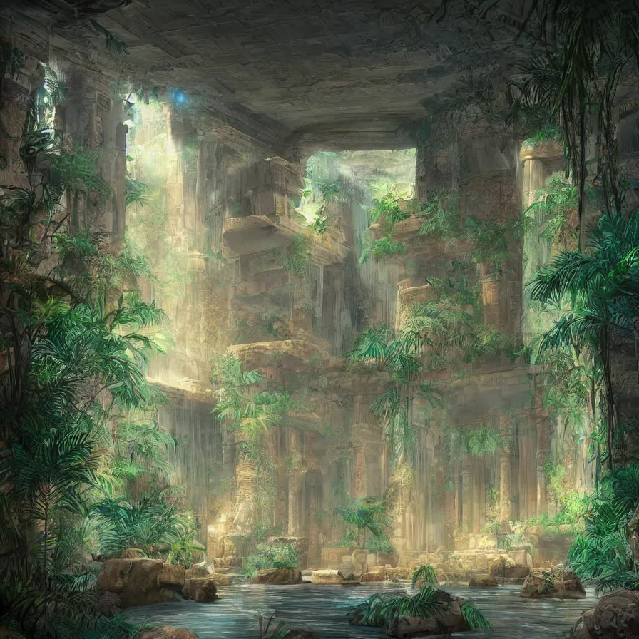 Image similar to interior of a ancient egyptian palace with plants and waterfalls, retrowave art, trending on art station