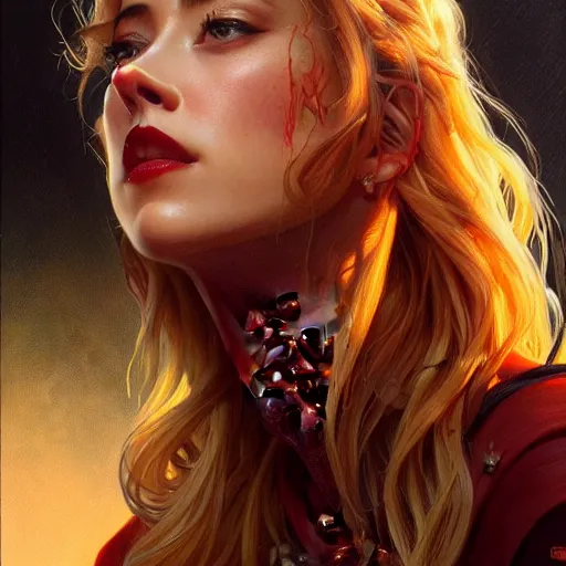 Image similar to Amber Heard eating BBQ Ribs, BBQ Sauce stains, closeup, D&D, fantasy, intricate, elegant, highly detailed, digital painting, artstation, concept art, matte, sharp focus, illustration, art by Artgerm and Greg Rutkowski and Alphonse Mucha