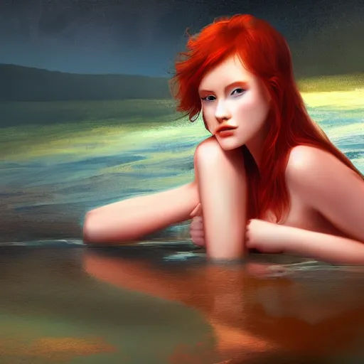 Image similar to redhead beautiful girl bathing in a river, illustration, night moonlight, digital art, oil painting, fantasy, 8 k, trending on artstation, detailed