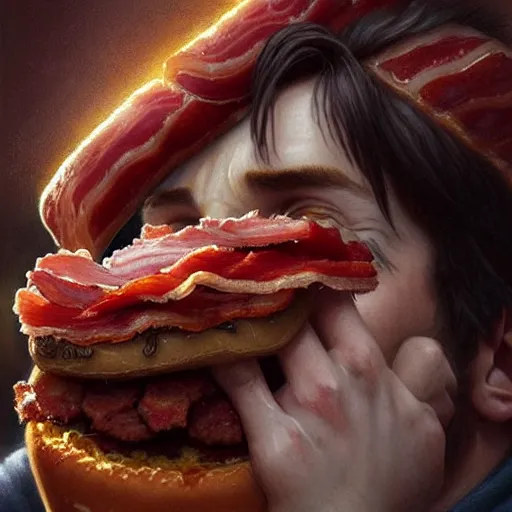 Image similar to Lionel Messi eating a mammoth Wendy's baconator, closeup, giant baconator, D&D, fantasy, intricate, elegant, highly detailed, digital painting, artstation, concept art, matte, sharp focus, illustration, art by Artgerm and Greg Rutkowski and Alphonse Mucha
