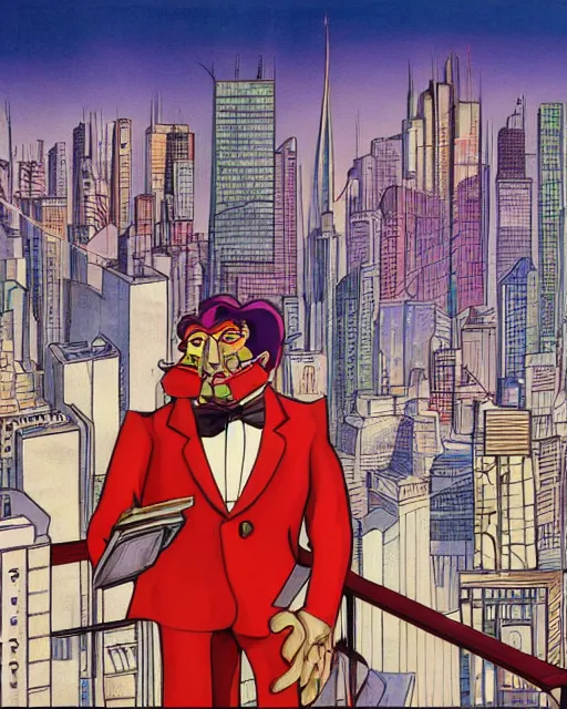 Prompt: villainous smug male antagonist in suit, fancy apartment, overlooking cityscape, artwork by ralph bakshi