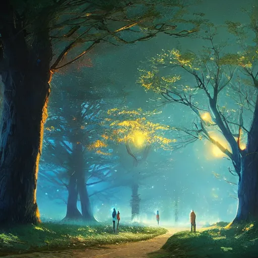 Image similar to lost souls forming new life beneath a glowing blue tree on a gold hill, night sky, digital art by greg rutkowski and makoto shinaki, studio ghibli, trending on artstation