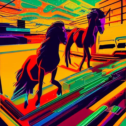 Prompt: a graph style gauche impasto horses, cyberpunk art by james gilleard, city depth of field, cgsociety, retrofuturism, synthwave, retrowave, outrun, high detail.