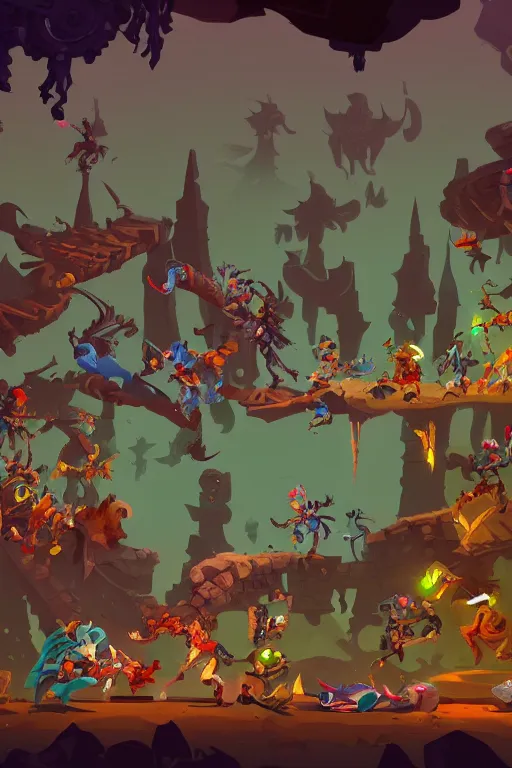 Image similar to side scroller 2d game by dead cells artist Rendering with several goblins . full of details, by squaresoft and Rayman legends , Matte painting, trending on artstation and unreal engine