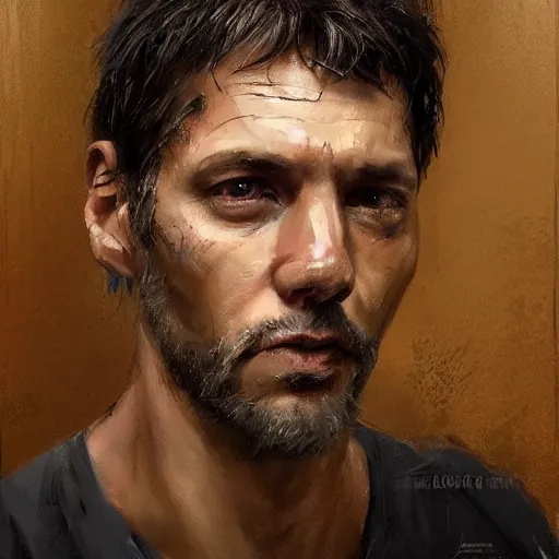 Image similar to Portrait of a man by Greg Rutkowski, he is about 40 years old, southern slav features, messy brown short hair, strong and tall, tired expression, he is wearing a black tank top, highly detailed portrait, scifi, digital painting, artstation, concept art, smooth, sharp foccus ilustration, Artstation HQ.