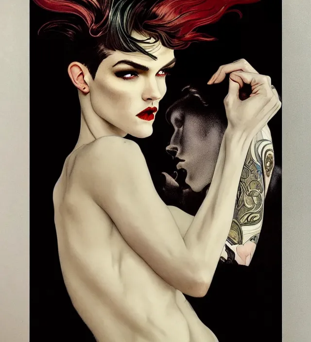 Image similar to stunning portrait of highly details androgynous ruby rose as desire from sandman, rockabilly style, by ego shield, by alphonse mucha, by jeremy mann, by peter lindbergh, dave mckean, by maurice sapiro, by frank moth, white suit and black tie, soft lightning, high detailed, 8 k