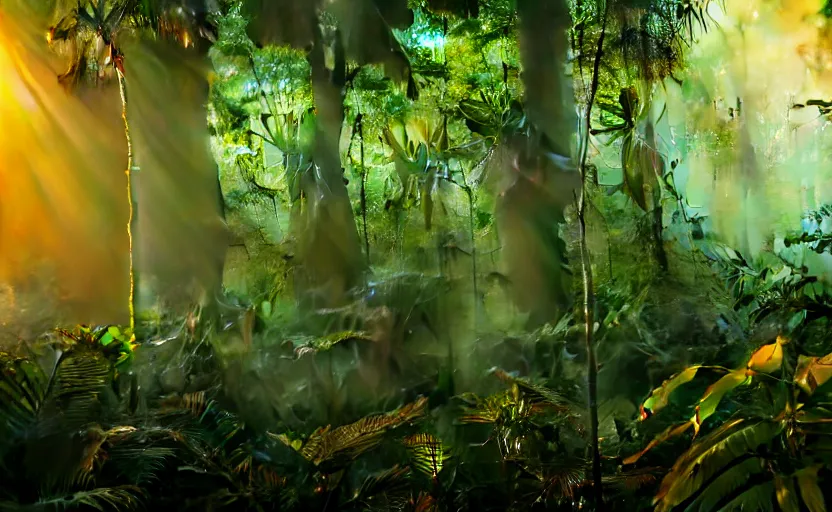 Prompt: a beautiful render of a dark prehistoric rainforest, lush flora, insects flying around, patches of green - orange sky, intricate detail, god rays, hazy, humid, volumetric lighting, 8 k, photorealistic, raytracing effects, unreal engine 5