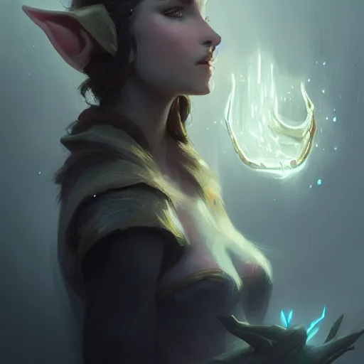 Prompt: beautiful elf female sideview portrait with her hand reaching out towards a shiny crystal, dark and mystic atmosphere, by greg rutkowski, concept art sketch