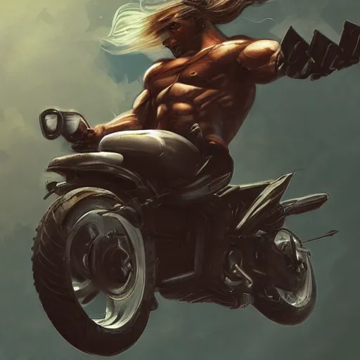 Image similar to muscular man riding jumping motorcycle through the air from demons, digital painting, muted colors, illustration, artgerm, artstation