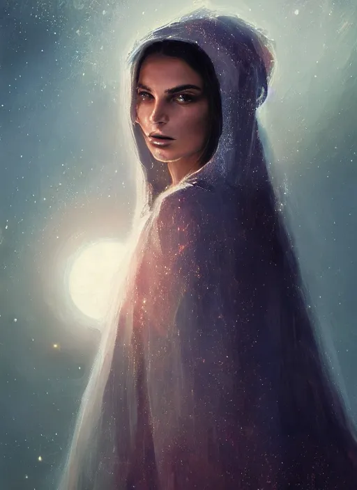 Image similar to detailed portrait of Emily Ratajkowski wearing a cloak over her head, eyes sparkling with starlight a halo of shimmering color around her, the moon in the background, by Jason Jenicke and Jeremy Mann, intricate, beautiful, stylized, detailed, realistic, loose brush strokes, celestial, enduring, captivating, Artstation