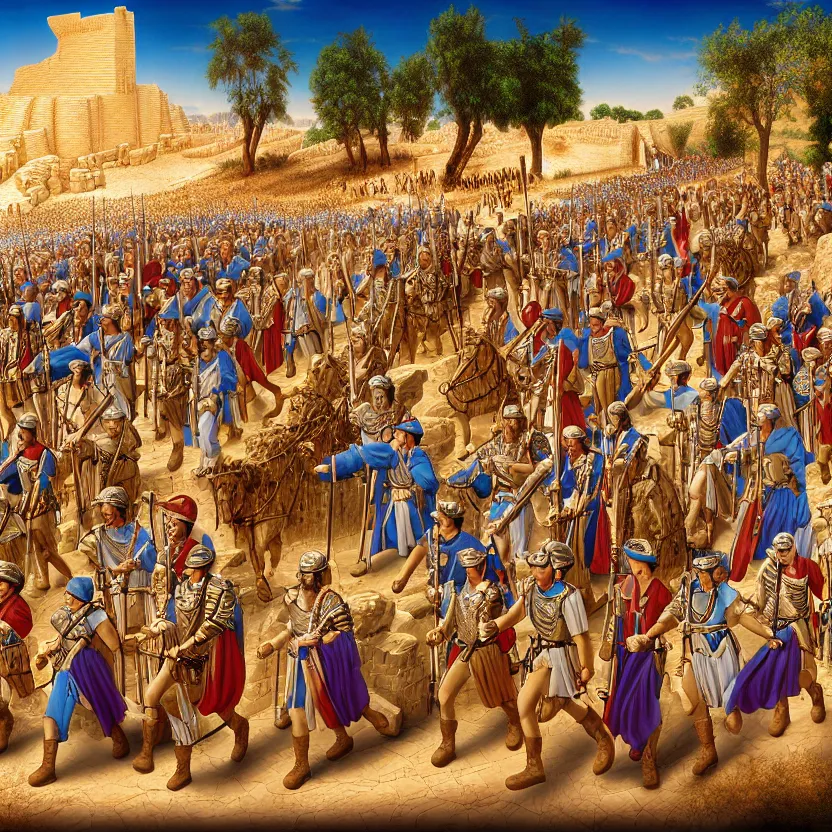 Image similar to the army of ancient israel marching behind the ark of the covenant around the walls of ancient jericho, by lisa frank, mark brooks, 8 k high detail