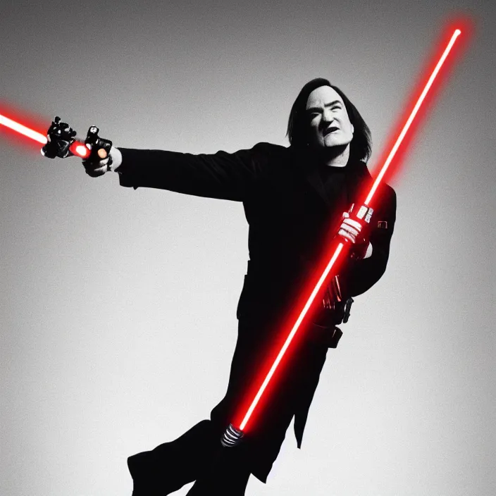 Prompt: quentin tarantino giving upvote with a lightsaber, giving thumbs up. without characters. black background. cinematic trailer format.