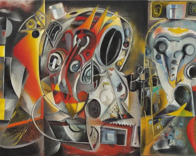 Image similar to Oil painting by Roberto Matta. Two mechanical gods with animal faces having a conversation. Oil painting by Yoshitomo Nara.