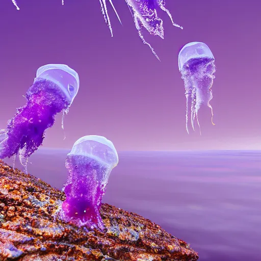 Prompt: purple sea with tiny jellyfish