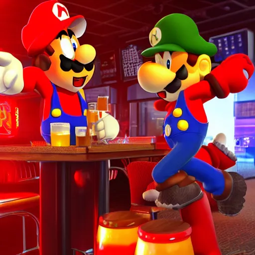 Prompt: an ultradetailed 3 d render of shadow the hedgehog and bowser sitting in a bar drinking beer, dive bar with a karaoke machine, volumetric lighting, 4 k, octane render, in the style of mario and sega