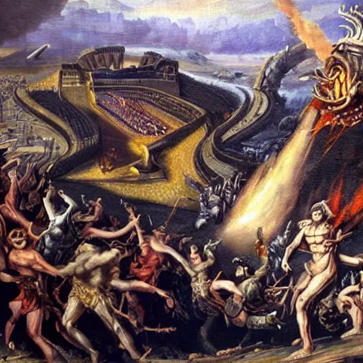 Image similar to alien invasion, fall of rome, epic painting