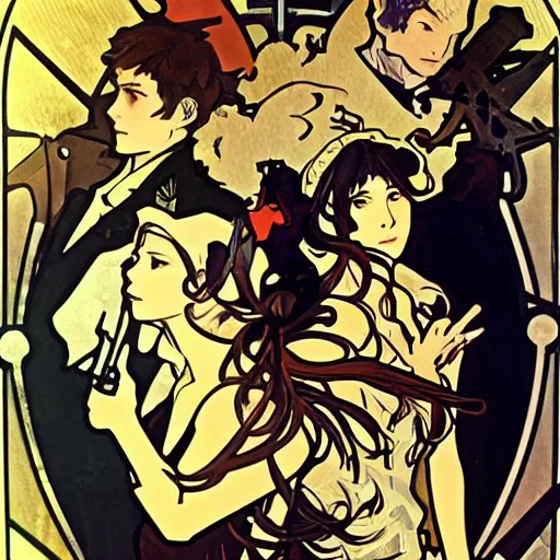 Image similar to persona 4 investigation team by alphonse mucha