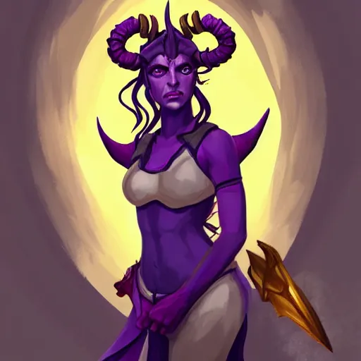 Image similar to a portrait of a cute tiefling girl with a scar along her face, skin colour purple, horns from her head, yellow eyes, cleric, dnd art, fantasy, digital art, high quality.