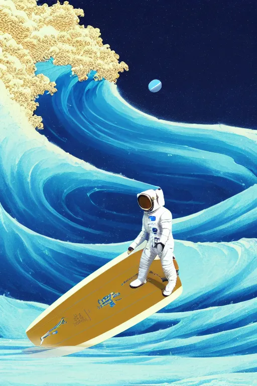 Image similar to an amazing digital painting of an astronaut in a white and royal blue luxurious space suit surfing the great wave of Kanagawa on a futuristic surfboard at Pamukkale, thermal waters flowing down multiversal gold travertine terraces by greg rutkowski, photorealistic, trending on artstation, highly detailed, unreal engine, octane render