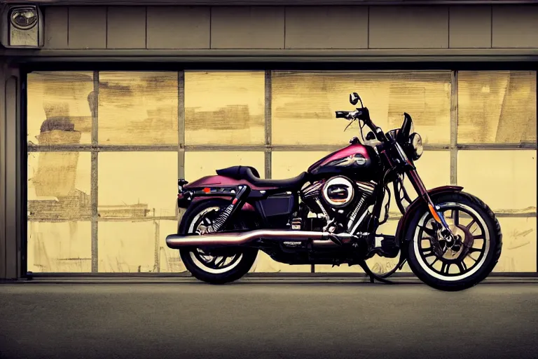 Prompt: harley davidson in front of a gas station corner, panoramic view, soft colors, pop art style