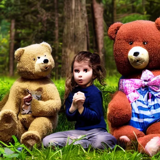 Prompt: the bernstein bears frighten a family of human campers ;