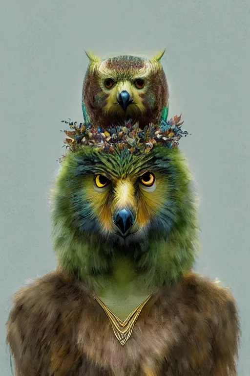 Prompt: a beautiful upper body shot from a fantasy film of a humanoid iridescent green female falcon bear hybrid wearing a loose tunic. an anthropomorphic owlbear. fantasy, frown, intricate, elegant, highly detailed, digital painting, artstation, concept art, matte, sharp focus, illustration, art by artgerm and greg rutkowski and alphonse mucha