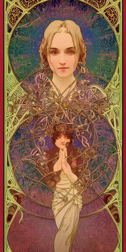 Prompt: astrologer's prayer, mythology, guardian of the stars, unreal engine 5, art nouveau, bright colors, intense colors, intricate, symmetry, high detail of the face, elegance, sunshine, clear focus, art of alphonse maria mucha, art workstation