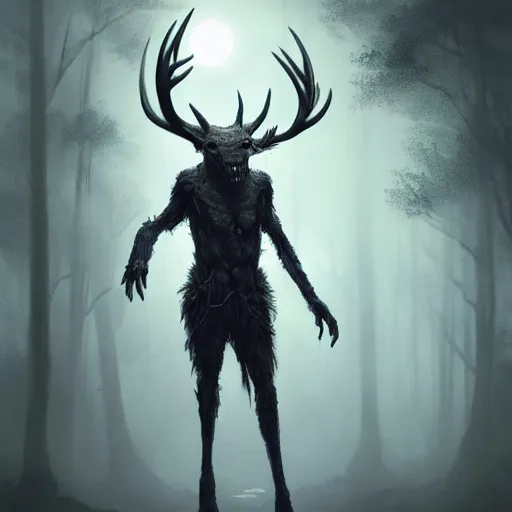 Prompt: anthropomorphic humanoid deer monster in a dark moonlit forest, horror, highly detailed, tall humanoid, human-like, whole body, by Greg Rutkowski, trending on artstation, 4k