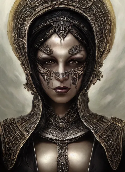 Prompt: full portrait of a warrior queen, black metal shiny skin. intricate, elegant, highly detailed, centered, digital painting, artstation, concept art, smooth, sharp focus, illustration, artgerm, tomasz alen kopera, peter mohrbacher, donato giancola, joseph christian leyendecker, wlop, frank frazetta