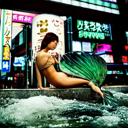 Prompt: a mermaid taking a bath in the middle of shinjuku