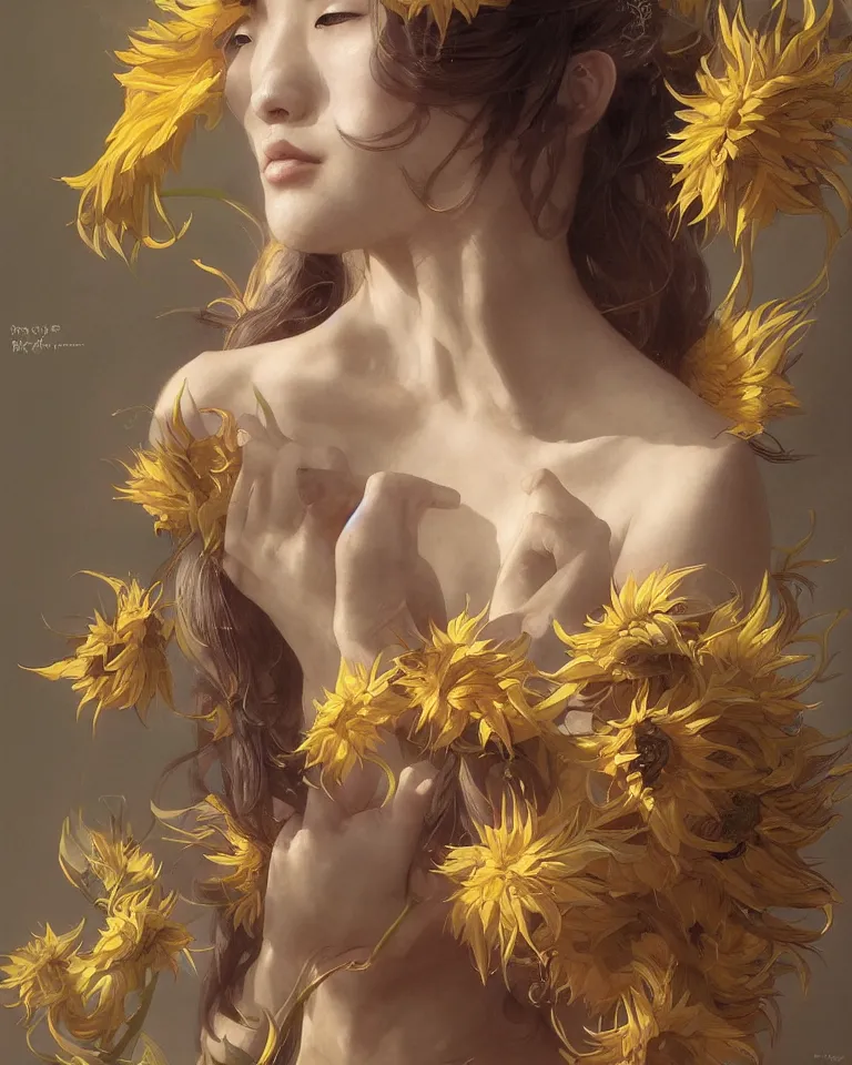 Image similar to character concept portrait of the sunflower goddess, an beautiful east-asian deity that channels sunlight and brings joy, intricate, elegant, digital painting, concept art, smooth, sharp focus, illustration, from Metal Gear, by Ruan Jia and Mandy Jurgens and William-Adolphe Bouguereau, Artgerm