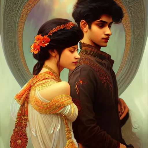 Image similar to portrait of beautiful young bengali romantic couple fantasy, intricate and very very beautiful and elegant, highly detailed, digital painting, artstation, concept art, smooth and sharp focus, illustration, art by tan zi and ayanamikodon and alphonse mucha and wlop