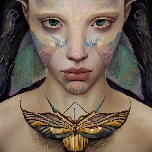 Prompt: a baroque neoclassicist closeup renaissance portrait of a girl with moth wings with iridescent geometric patterns, reflective detailed textures, dark fantasy science fiction painting by diego rivera and jean delville and sam spratt and ruan jia and nicholas roerich, dramatic lighting, gleaming silver and soft muted colors, floral tattoos, artstation, octane render