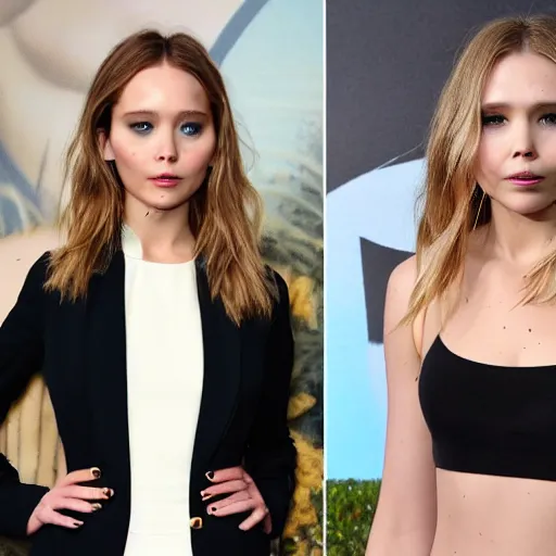 Image similar to a woman who is a genetic combination of jennifer lawrence and elizabeth olsen face and upper - body focus