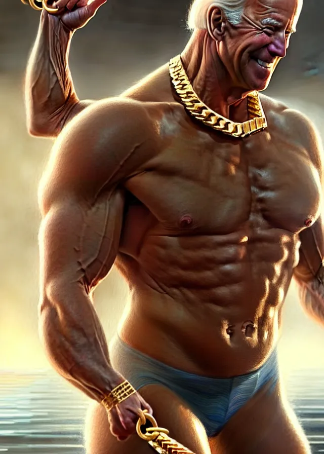 Image similar to super muscular joe biden wearing cycling shorts and gold chains walking on water, elegant, real life skin, intricate, high detailed, artstation, concept art, smooth, sharp focus, art by artgerm and greg rutkowski