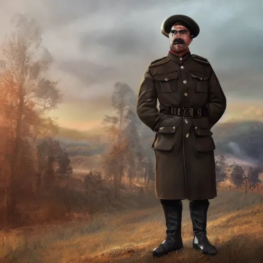 Prompt: fullbody of standing tom selleck, wearing simple russian ww 1 clothes in black fur beanie, russian villages at background, style ivan talavera and artgerm, radiant lighting, hyper realistic, photorealistic, octane render, trending on artstation, cgsociety, cinematic light, global illumination, high detailed tom selleck face