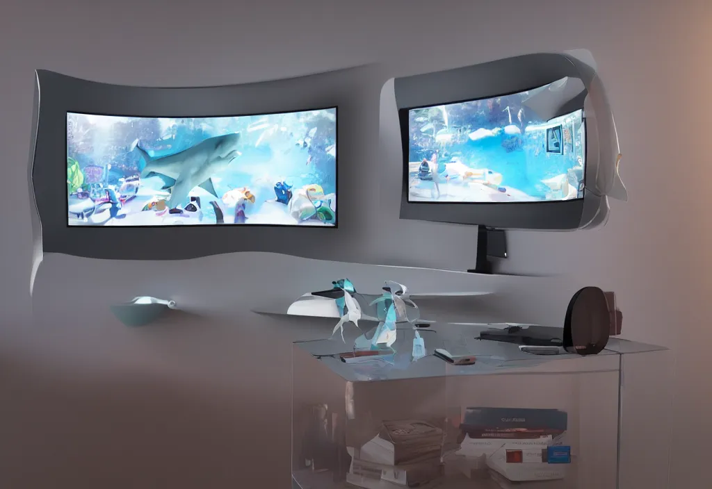 Image similar to curved transparent 3 dtv shark popping out of tv, volumetric lighting, bedroom, visor, users, pair of keycards on table, bokeh, creterion collection, shot on 7 0 mm, instax