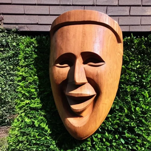 Prompt: wooden carved oversized elon mask statue photo 4k