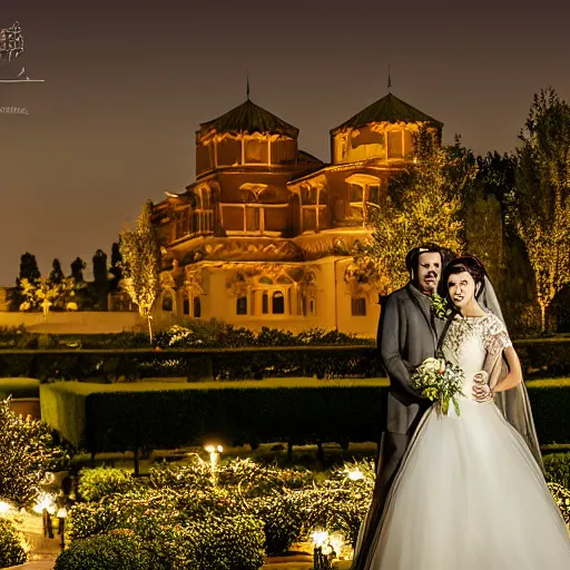 Image similar to Bride and Groom marrying in a garden, with a majestic Ottoman palace in the background, at night, well lit sky, luxury, luxurious wedding, Ottoman Empire era, gold, photorealistic, ultra-detailed, 4k high resolution, HDR shot