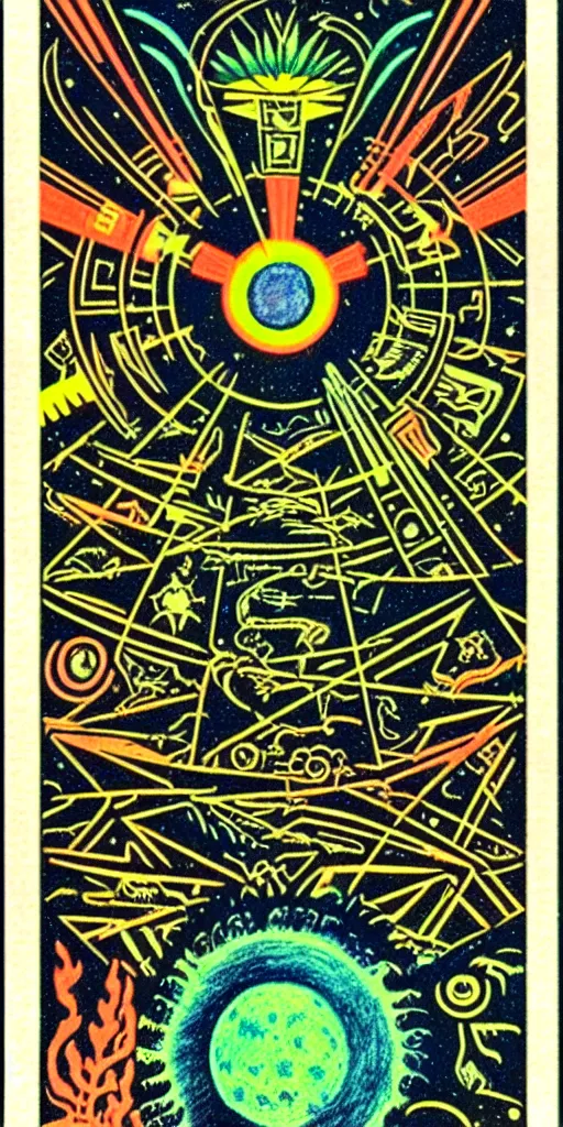 Image similar to 1968 science fiction tarot card, cut out collage, neon Aztec, spring on Saturn, epic theater, deep forest, mountain plants, drawings in part by Diego Rivera, part by Ernst Haekl, text by William S Boroughs, written by Michael Ende