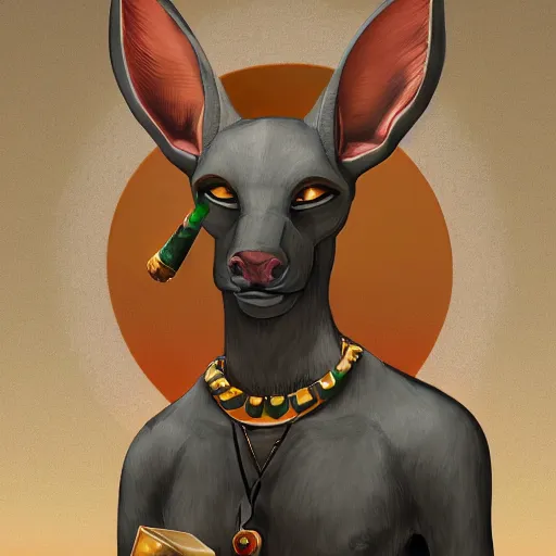 Image similar to Anubis God working at Starbucks, very detailed, artstation, illustration, masterpiece, digital art, Oil Painting, Furry Art