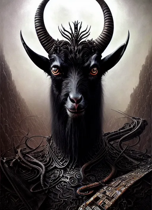 Prompt: portrait shot of evil black goat, a scenic dystopian environment, intricate, elegant, highly detailed, centered, digital painting, artstation, concept art, smooth, sharp focus, illustration, artgerm, tomasz alen kopera, peter mohrbacher, donato giancola, joseph christian leyendecker, wlop, boris vallejo