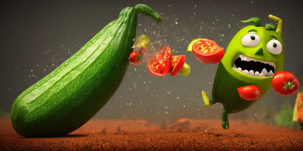 Prompt: detailed 3 d render of a raging zucchini character with a ninja sword running on dirt road, scared tomates scattered everywhere, high speed action, explosions, dramatic scene, hyper realistic octane render, cinematic lighting, splatter, deviantart, black sky, lowbrow, frame from pixar movie