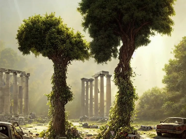 Image similar to a tree growing in ancient greek ruins, gray wasteland, many scrap cars, trash, rubble, overgrown, pillars and arches, flowers, vines, hyperrealistic, highly detailed, cinematic, ray of golden sunlight shining on the tree, beautiful, cgssociety, artstation, 8 k, oil painting by greg rutkowski, by artgerm, by wlop