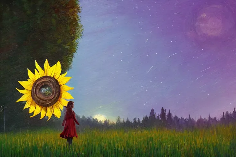 Image similar to giant sunflower as a head, girl walking between trees, hills, surreal photography, dark night, star trails, dramatic light, impressionist painting, clouds, digital painting, artstation, simon stalenhag